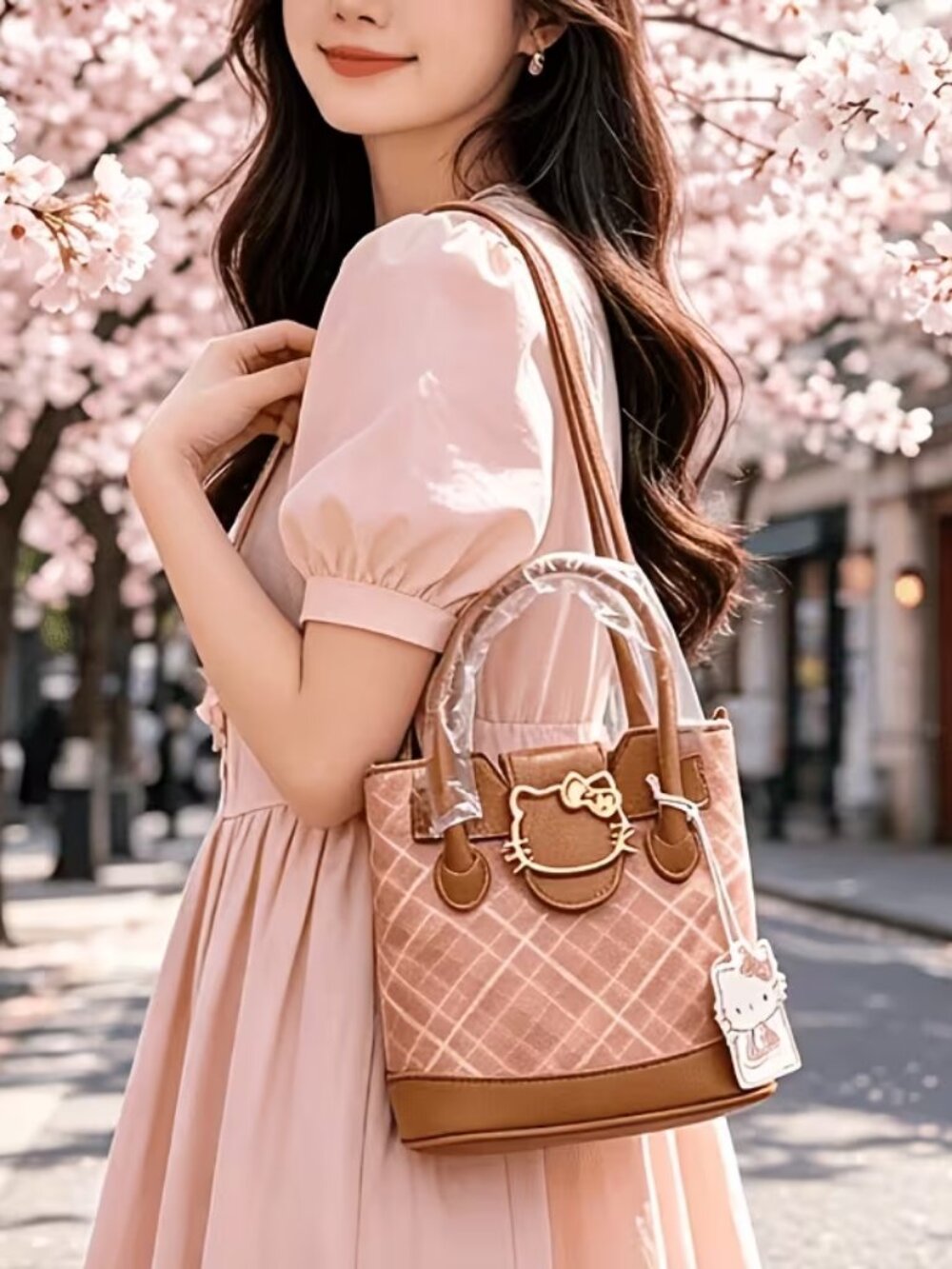 Hello Kitty Pink Quilted Tote with Brown Trim and Gold Emblem So Nice Cute